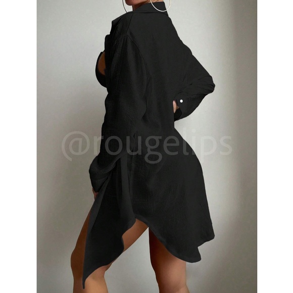 Black Long Button Up Shirt Beach Coverup Long Sleeve - Picture 2 of 5